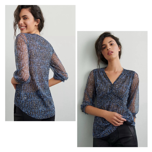 Women's By Anthropologie Gretchen Smocked V Neck Blouse, Size S, Blue - Picture 1 of 9